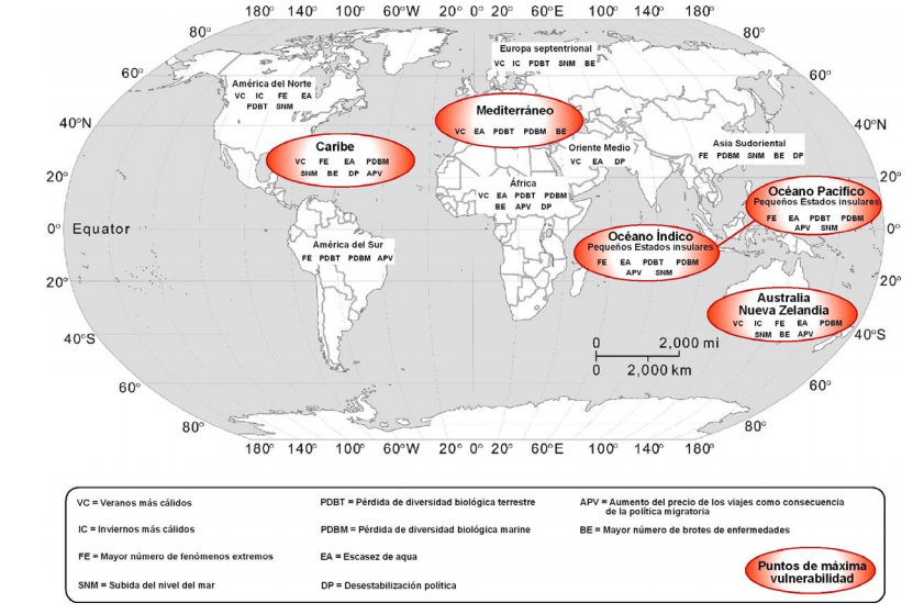 Figura 3: Distribución geográfica de las principales repercusiones del cambio climático en los destinos turístico. Fuente: http://sdt.unwto.org/sites/all/files/docpdf/summarydavoss.pdf 