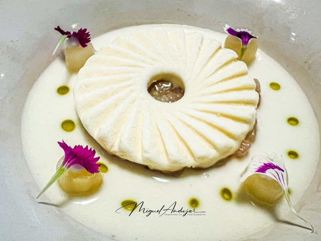 Espárrago blanco en texturas y gamba blanca