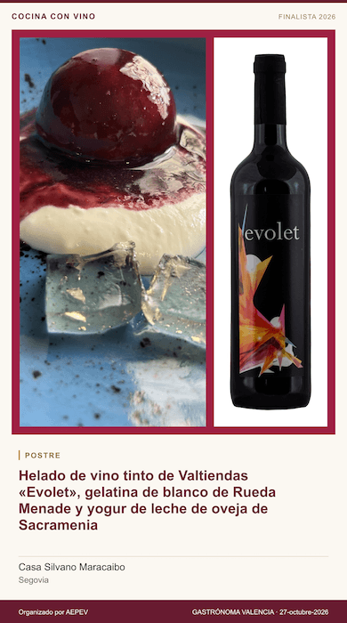 Helado de vino tinto de Valtiendas “Evolet”, gelatina de blanco de Rueda y yogur de leche de oveja de Sacramenia